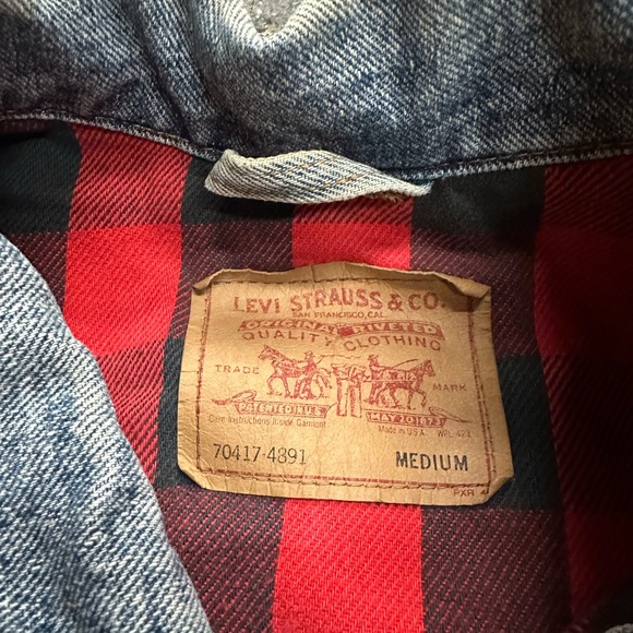 Levi’s Denim Buffalo Plaid Lined Trucker Jacket Mens Medium VTG 90s 80s Blue Red - Picture 9 of 12